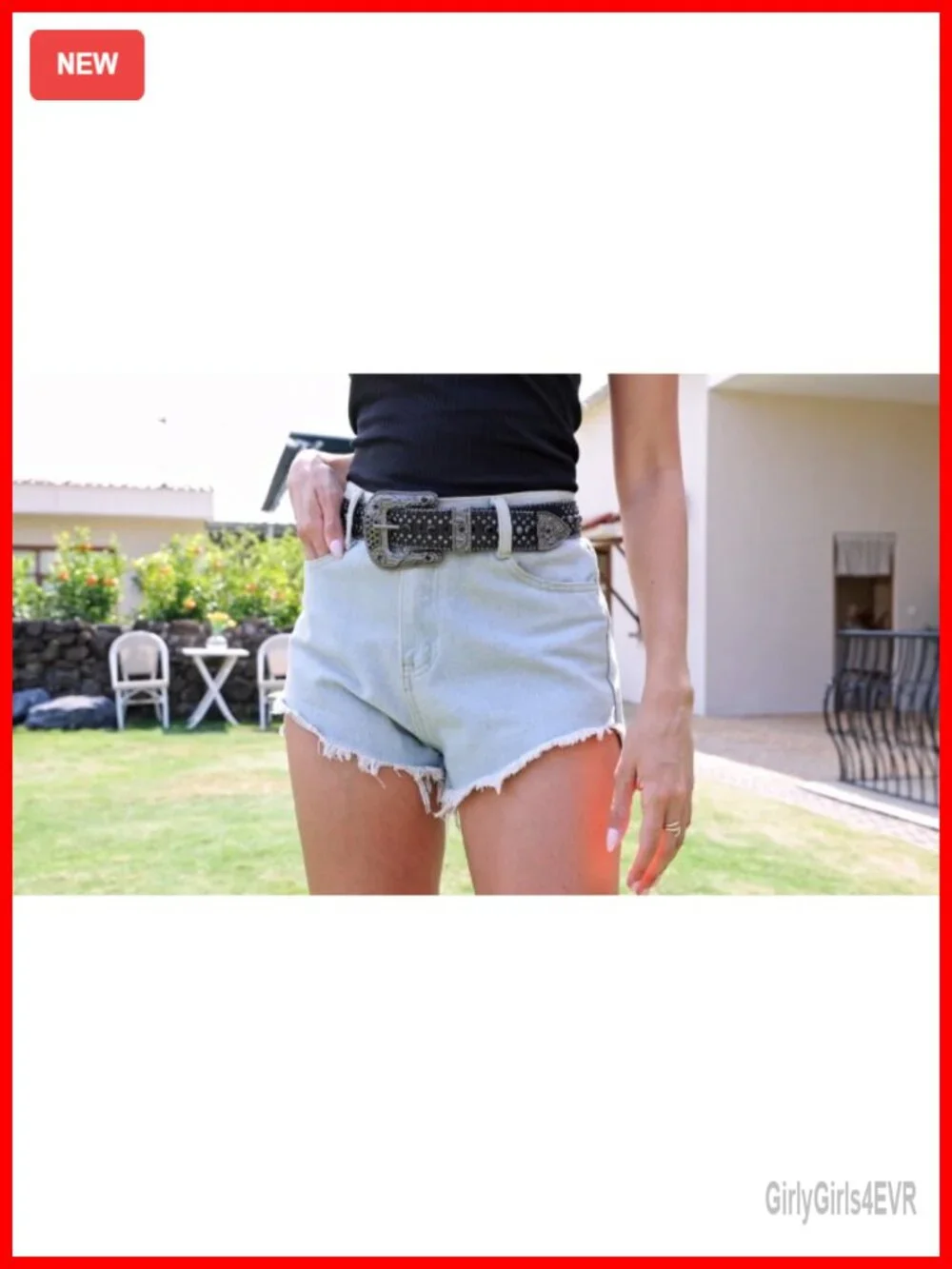 Rhinestone Embellished Leather Belt with Detachable Buckle